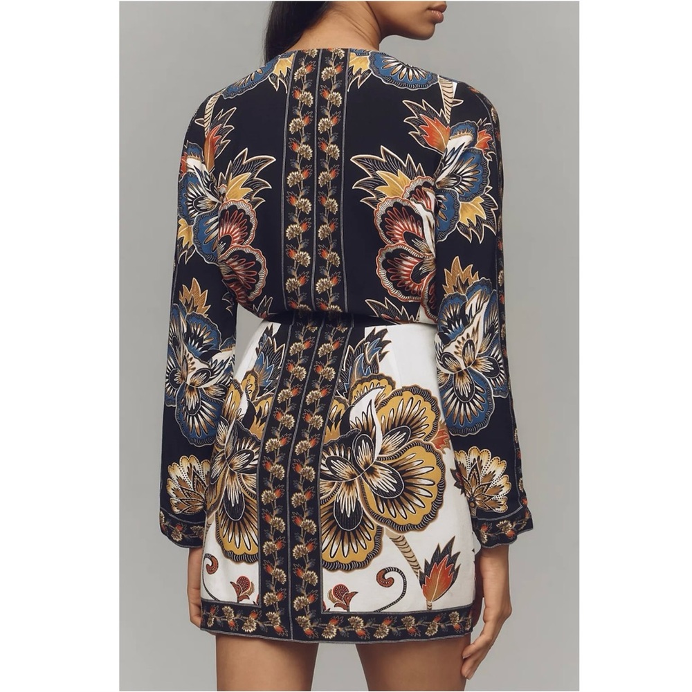 FARM Rio Floral Border Print Long Sleeve Wrap Minidress in Maxi Floral Black - Picture 3 of 16